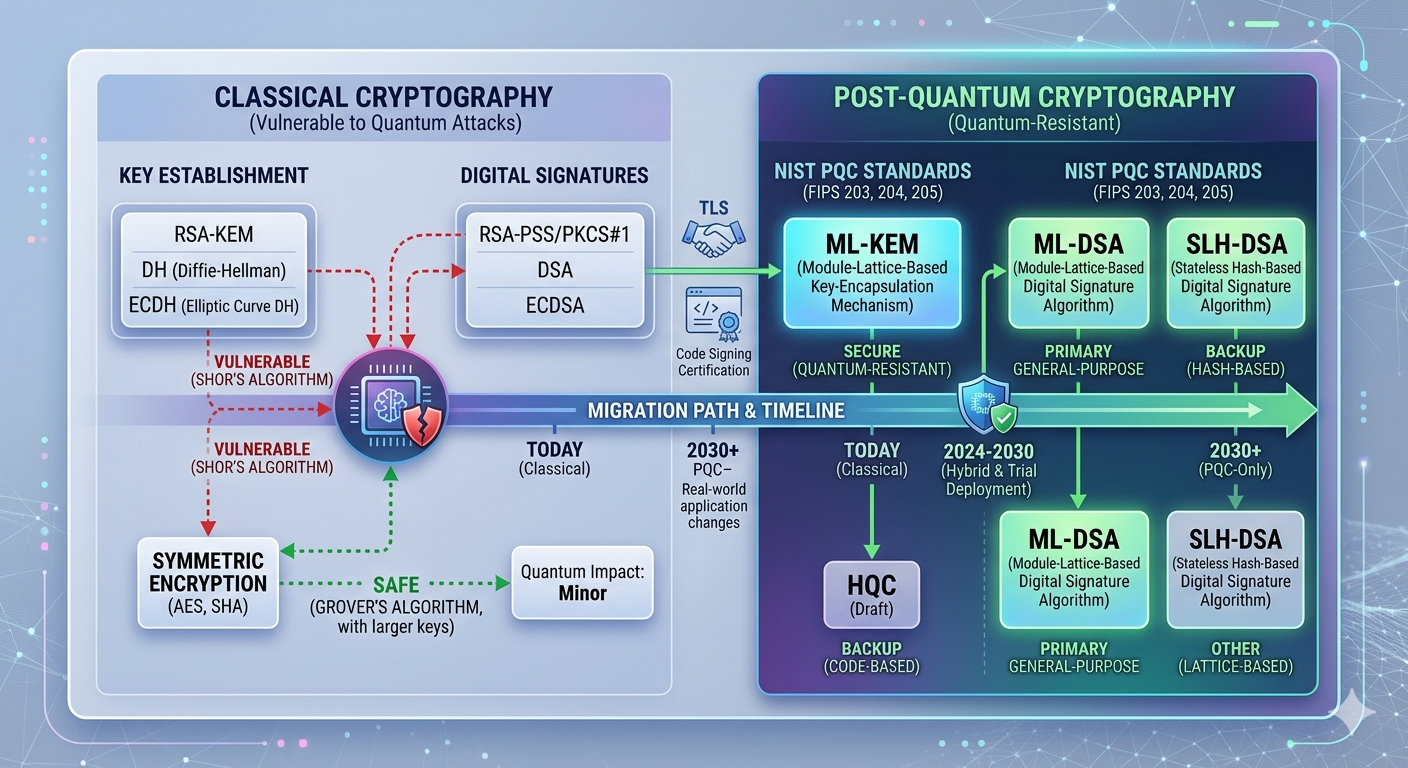 Diagram showing the relationship between classical encryption algorithms and post-quantum alternatives, with ML-KEM, ML-DSA, and SLH-DSA highlighted